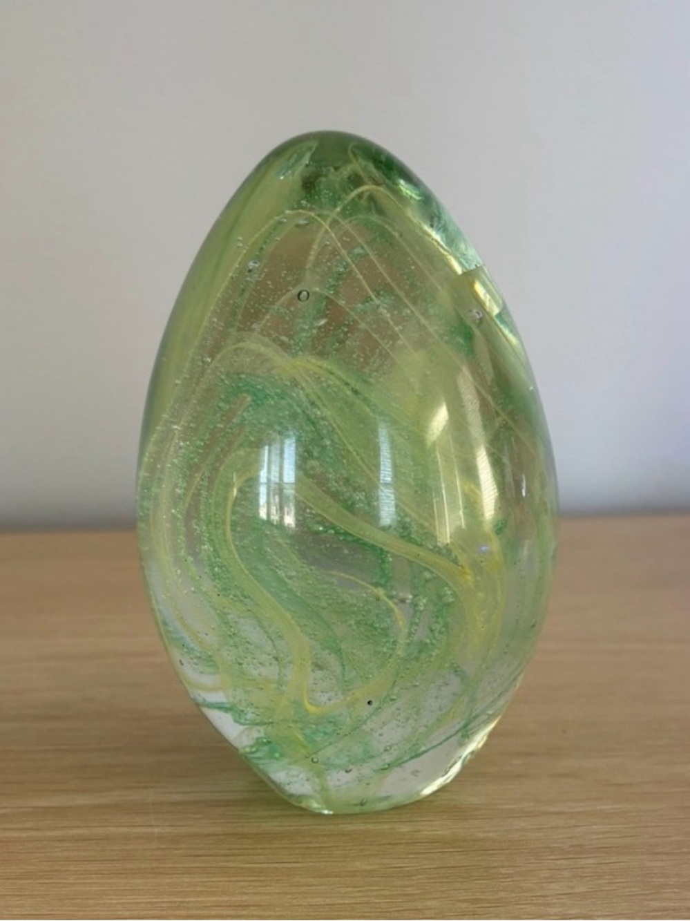 HAND BLOWN Glass Green Swirls Paperweight